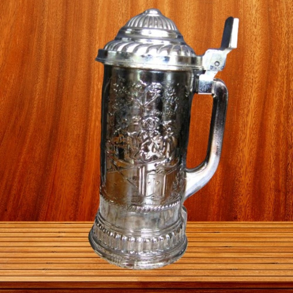 Vintage Glass Beer Stein Hinged Metal Lid